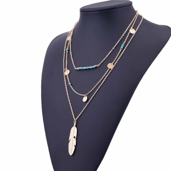 Boho Turquoise Layered Gold Feather Necklace - Picture 2 of 3